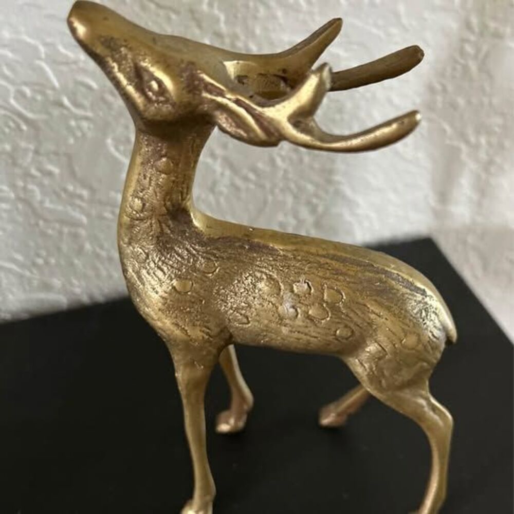 Vintage Solid Brass Deer Figurine Textured Body Spots & Curved Antlers